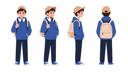 Student boy character with backpack shown from multiple views © Alan