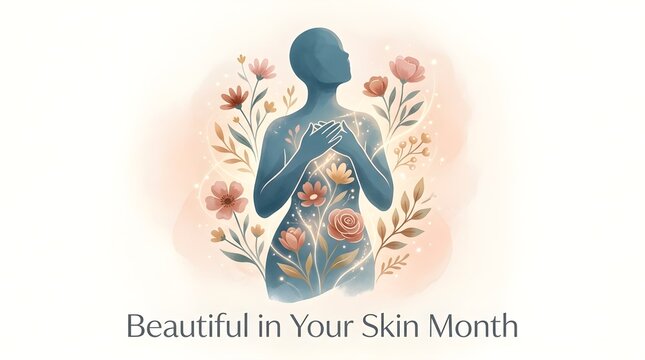 Beautiful in Your Skin Month Concept Illustration of Human Silhouette with Subtle Blooming Flowers and Light Patterns Emerging from Within, Symbolizing Confidence, Self Acceptance, and Natural Beauty 