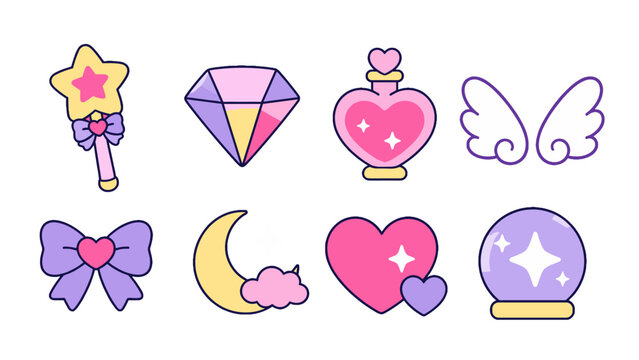 Cute pastel magic and heart themed vector icon set