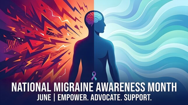 National Migraine Awareness Month Concept Illustration of Gradient Transformation from Chaotic Red and Purple Neural Energy into Calm Blue Waves, Centered Human Silhouette Symbolizing Pain Relief and 