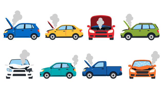 Set of damaged cars with open hoods and smoke vector icons