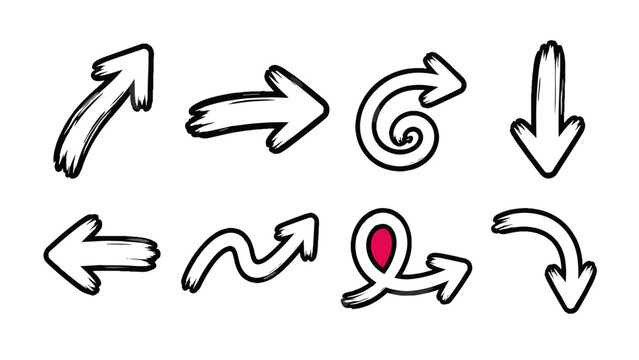 Hand drawn arrow set with curved and directional doodle icons