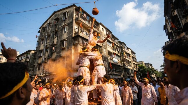 Dahi handi festival celebration in mumbai india human pyramid attempt
