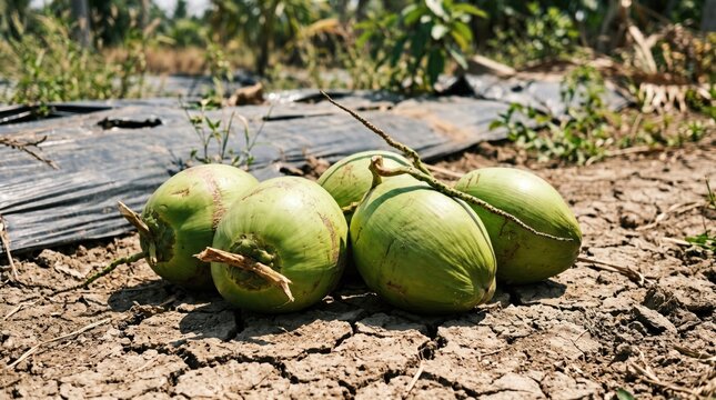 Young green coconuts on cracked earth tropical agriculture scene