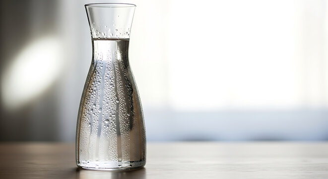A tall, slender glass bottle with a narrow neck and a cork stopper, filled with clear liquid.