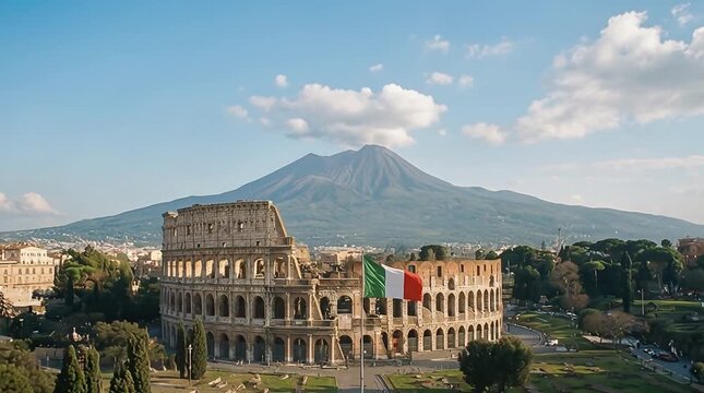 Colosseum in Rome with Italian flag against Mount Vesuvius &mdash; symbol of the Eternal City and Italian national pride