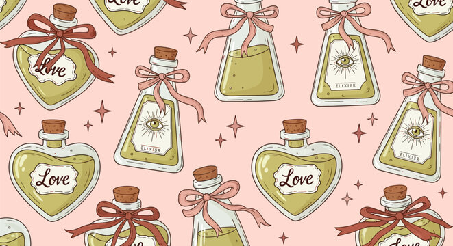 Magic love elixir potion bottles seamless pattern mystic charm background with sparkling stars aesthetic romance illustration.