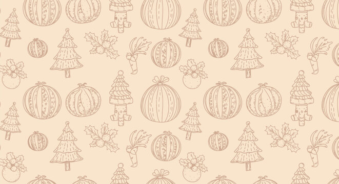Christmas doodles seamless pattern winter holiday background with festive elements pine trees ornaments holly berries and gifts.