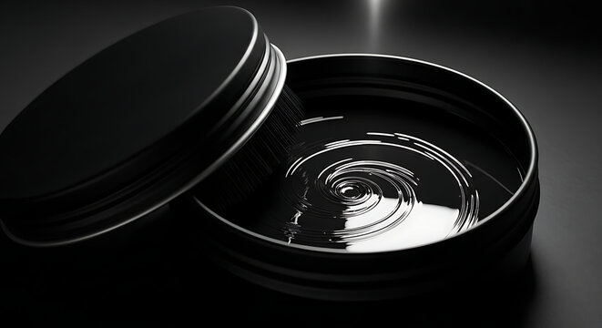 A close-up view of a shiny black metal container with a reflective surface