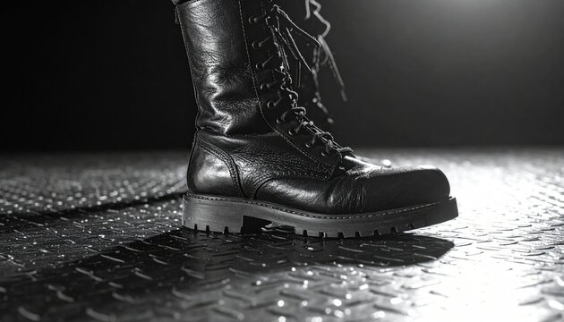 Black lace-up combat boot on textured metallic floor