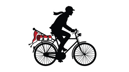 Fototapeta premium Black silhouette of a traveling cyclist riding a bicycle with a red and white flag and rolled mat isolated on white