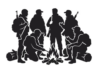 Obraz premium Black silhouette of male hunters or soldiers gathered by a warm campfire on white background