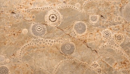 Detailed view of prehistoric crinoid fossils in a textured rock slab © gilz_r