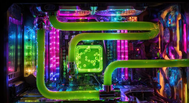 Illuminated PC internals showcase vibrant neon liquid cooling system