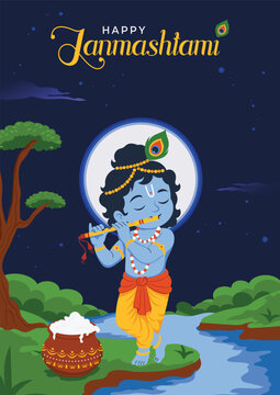Krishna Playing Flute In Tribanga Pose In Beautiful Night Scene In Vrindavan Janmashtami Poster Design