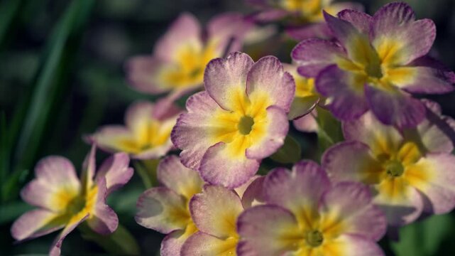 Macro shot of a purple and yellow primrose flower