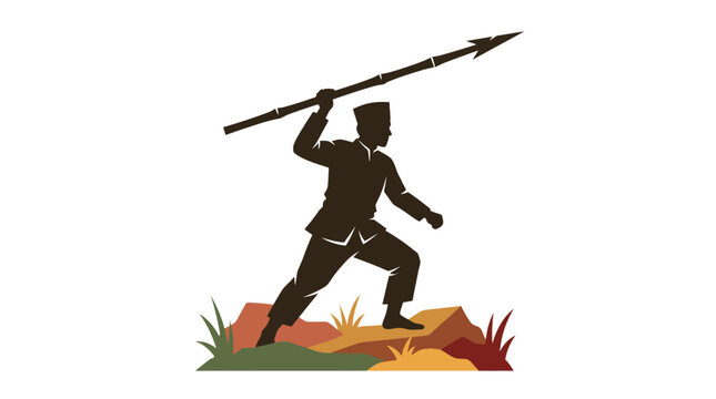 Traditional warrior silhouette with spear in dynamic action pose wearing cultural attire on a white background