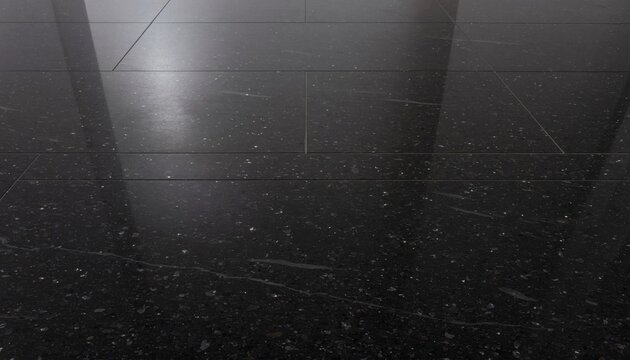 Polished Black Granite Tile Floor with Glossy Reflective Surface Background