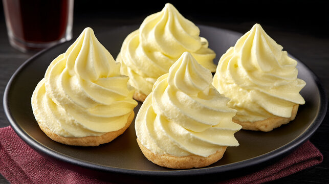 Delicious vanilla cream piped swirls on small buttery shortbread biscuit cookies