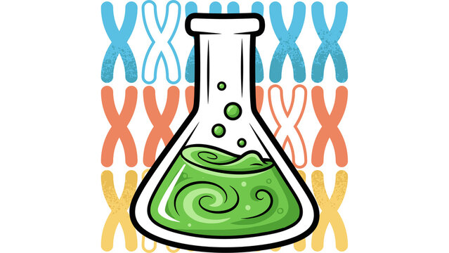 Erlenmeyer flask with green boiling liquid over colorful chromosomes background vector
