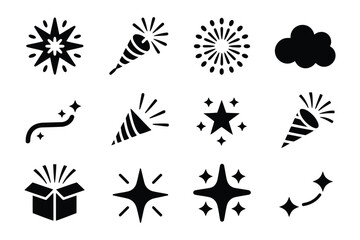 Fototapeta premium Collection of festive celebration including fireworks stars and party poppers in a clean black style