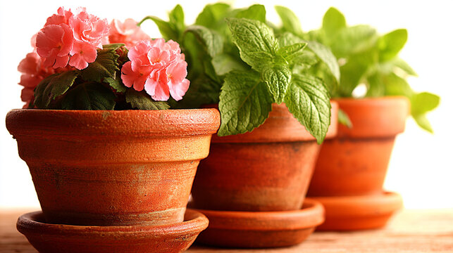 Three terracotta pots with blooming pink geraniums and green herbs on a wooden surface