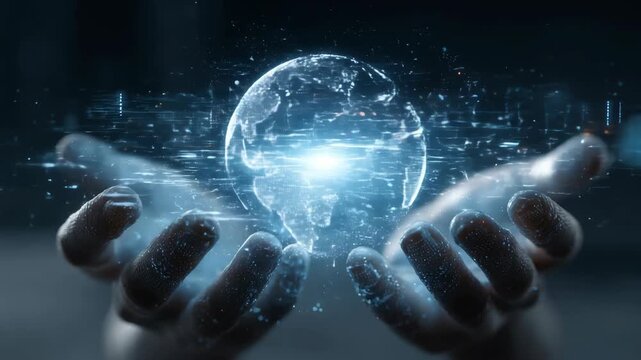 Digital Globe Glowing Sphere Data Stream Energy Pulse Hologram Hand Abstract Technology Network Connection Futuristic Blue Light Particle Interface