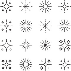 Obraz premium Create Minimalist decorative design shine sparkle and starburst line icon set with thin black editable stroke, bling stars sparkles signs no Background