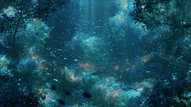 幻想的な水中森と光り輝く植物、泳ぐ魚たち