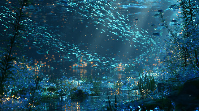 光り輝く植物と魚の群れが泳ぐ幻想的な水中風景