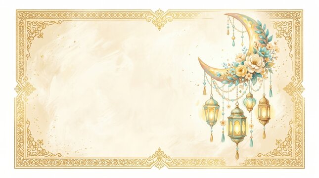 Elegant Ramadan Mubarak greeting background featuring a golden crescent moon decorated with soft pastel flowers and hanging illuminated lanterns within an ornate vintage gold border frame.