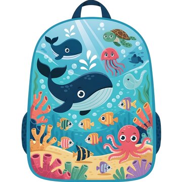 A bright blue preschool backpack design displaying a large cheerful whale surrounded by a playful red octopus, a drifting pink jellyfish, a small sea turtle, and many tiny multi-colored reef fish spla