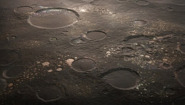 Close Up View of a Dark Cratered Moon Surface with Shimmering Details