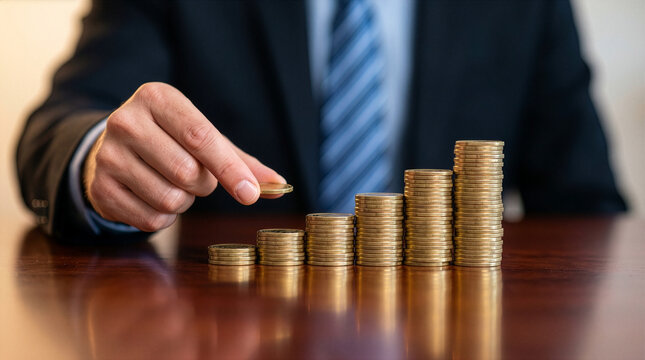 Businessman in suit adding coin to growing stack of gold coins on wooden table symbolizing financial growth and investment