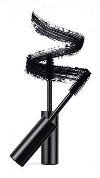 Black cosmetic wand creating a dramatic swirl of dark mascara on white