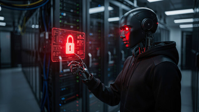 AI robot in data center, cybersecurity risk & privacy leak hacking and privacy threat