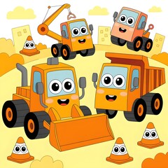 Naklejka premium A vibrant and colorful cartoon illustration filled with many cheerful dump trucks and bulldozers with big smiling eyes working hard on a sandy construction site with a tall crane in the background.