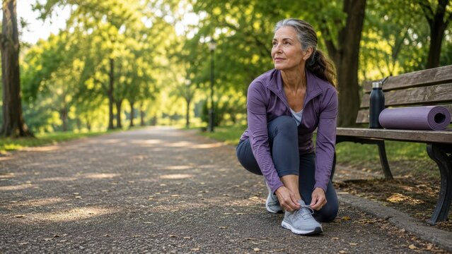 Active senior woman preparing for morning wellness walk