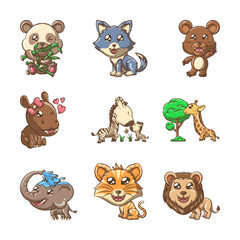 Fototapeta premium Set of Cute doodle cartoon Animal Illustrations Featuring Panda, Wolf, Bear, Hippo, Zebra, Giraffe, Elephant, Tiger, and Lion for Children's Design