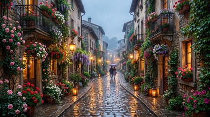 Fototapeta premium Romantic couple walking under an umbrella along a wet cobblestone street in a historic European village, surrounded by beautiful blooming flowers and warm glowing lanterns at dusk.