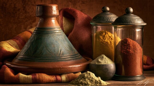 Traditional Moroccan environment filled with vibrant spices and aromatic flavors. Bustling Moroccan marketplace showcasing fragrant spices and traditional culinary dishes in lively surroundings