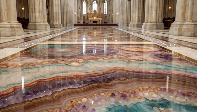 Majestic gothic cathedral interior featuring a colorful polished geode stone floor