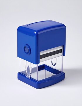 Blue, modern self-inking rubber stamp with adjustable date wheels on white background