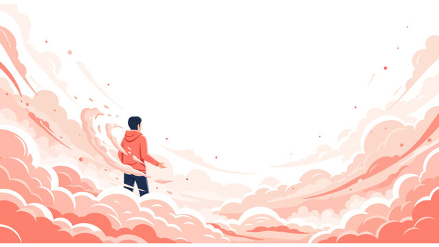 Minimalist Vector Illustration of a Person Standing in Pink Clouds Looking at Copy Space, Concept of Vision, Future, and Dreaming