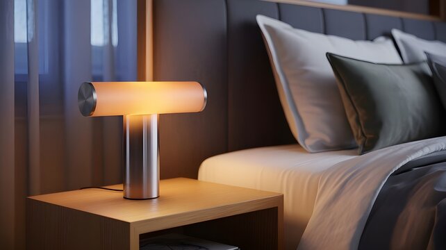 A luxury product photograph showcasing a T-shaped frosted glass and stainless steel bedside lamp illuminating a sleek modern headboard and neatly made bed setup.