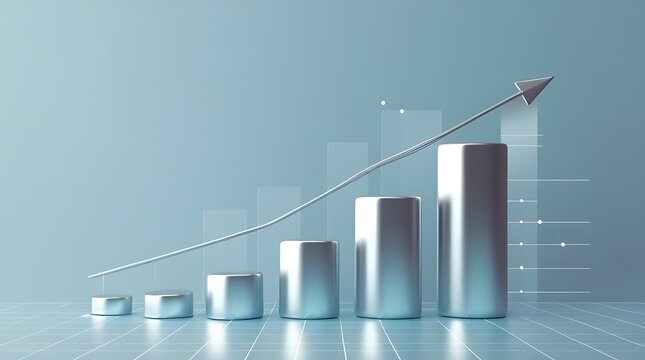 Minimalist silver bar chart with rising arrow showing financial growth on blue background.