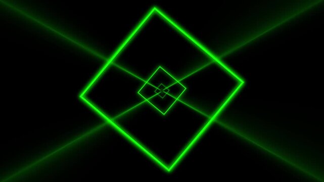 Green neon geometric tunnel animation with glowing diamond shapes background