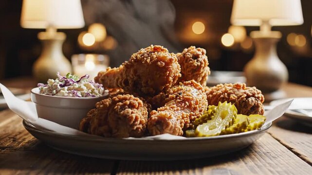 Steaming platter of crispy fried chicken on a rustic wooden table