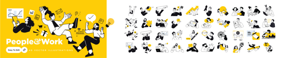 Naklejka na ściany i meble People and work. Vector illustrations of people in various business activities. Concepts for graphic and web design, social media, business presentation and marketing material. 