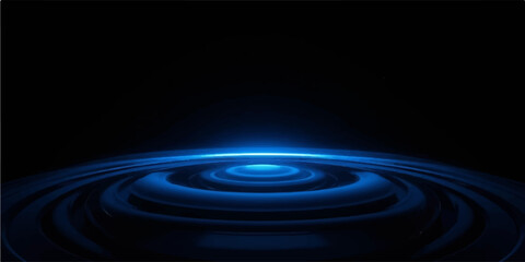 Futuristic black backdrop with neon blue water wave ripple effect at the bottom © Md